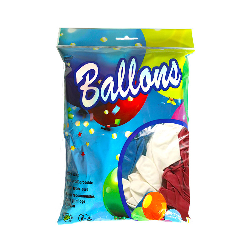 Lot de 100 ballons bleus, blancs, rouges 30cm