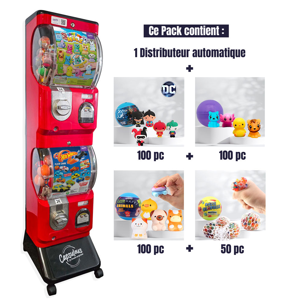 Pack Start & Cash (Rouge et Noir) - Distributeur + 350 Jouets Capsules Clé en Main