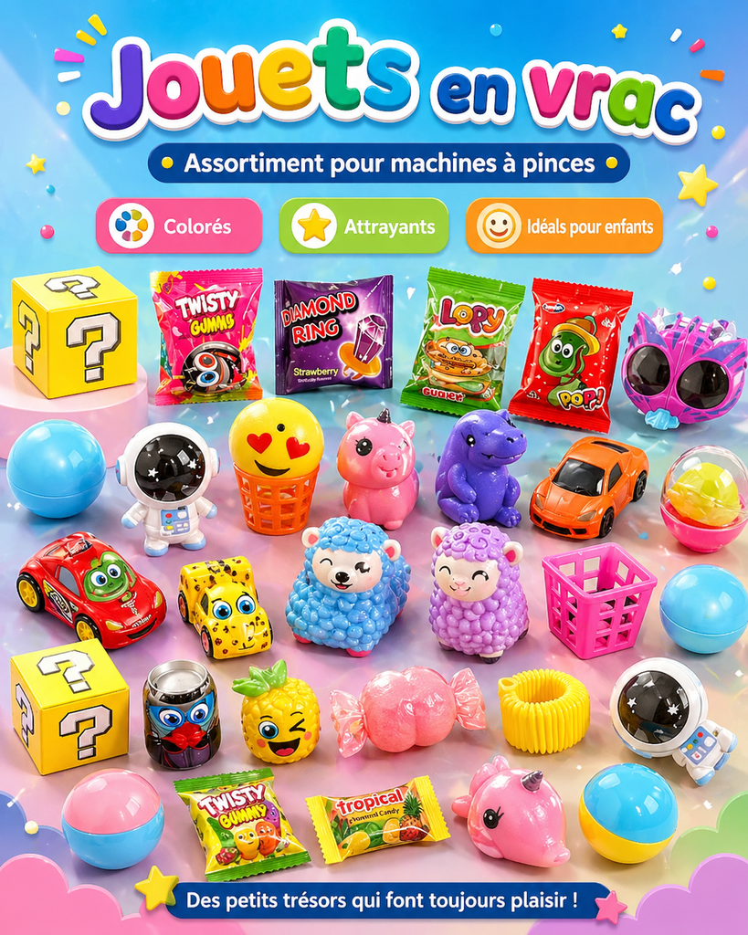 Mix Premium Jouets en Vrac + Bonbons – Assortiment pour Machines à Pinces
