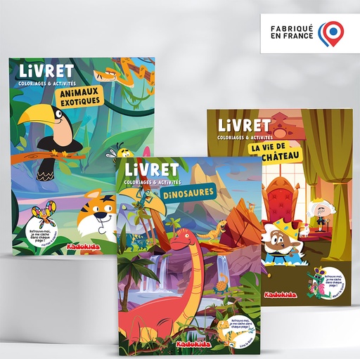 [113279] Livrets de Coloriages et Activités 8 pages mix 3 (La vie de château/Dino/Animaux exotiques)